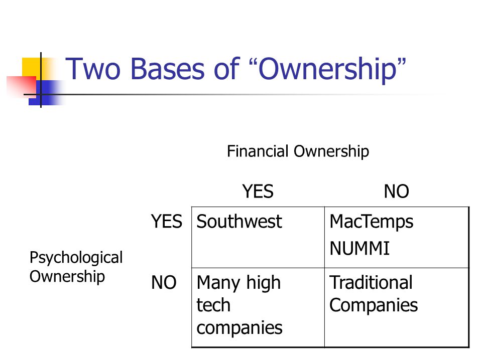 Two Bases of Ownership YESNO YESSouthwestMacTemps NUMMI NOMany high tech companies Traditional Companies Psychological Ownership Financial Ownership