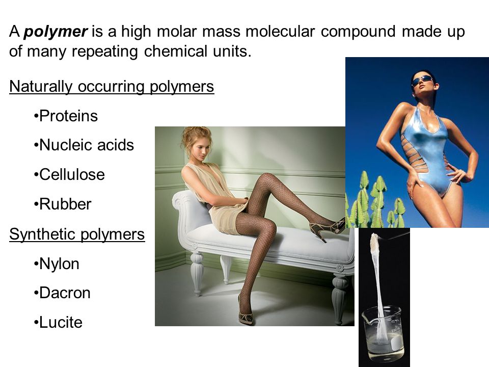 A polymer is a high molar mass molecular compound made up of many repeating chemical units.