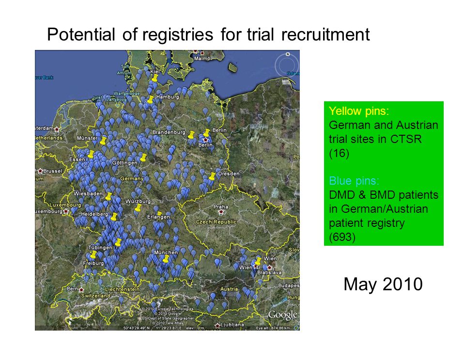 Yellow pins: German and Austrian trial sites in CTSR (16) Blue pins: DMD & BMD patients in German/Austrian patient registry (693) May 2010 Potential of registries for trial recruitment