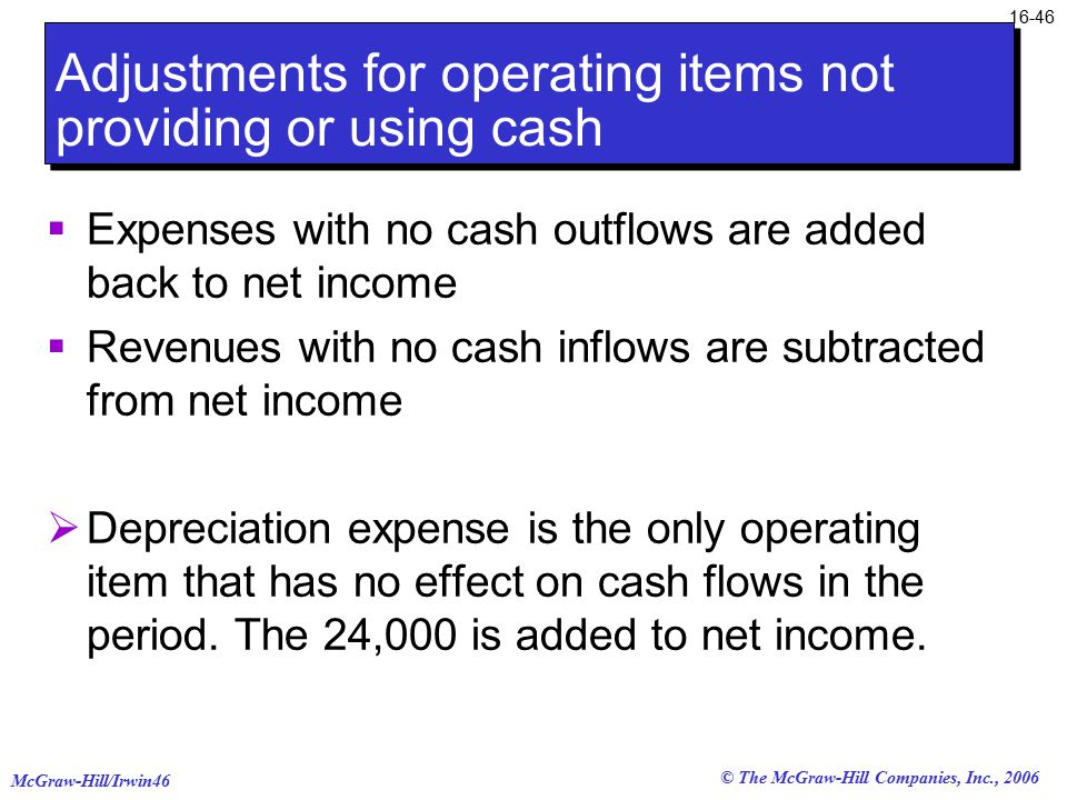 © The McGraw-Hill Companies, Inc., 2006 McGraw-Hill/Irwin Adjustments for operating items not providing or using cash  Expenses with no cash outflows are added back to net income  Revenues with no cash inflows are subtracted from net income  Depreciation expense is the only operating item that has no effect on cash flows in the period.