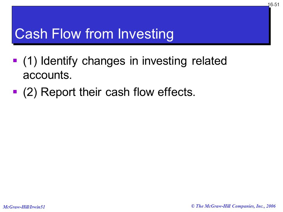 © The McGraw-Hill Companies, Inc., 2006 McGraw-Hill/Irwin Cash Flow from Investing  (1) Identify changes in investing related accounts.