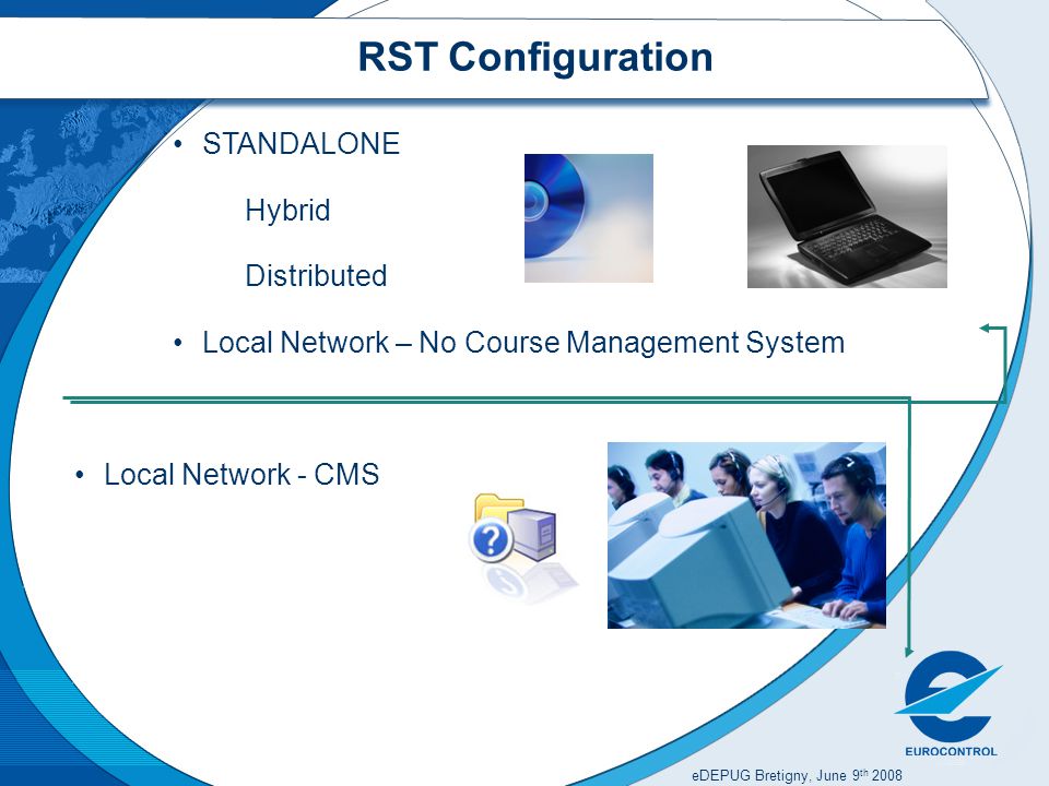 eDEPUG Bretigny, June 9 th 2008 RST Configuration STANDALONE Hybrid Distributed Local Network – No Course Management System Local Network - CMS