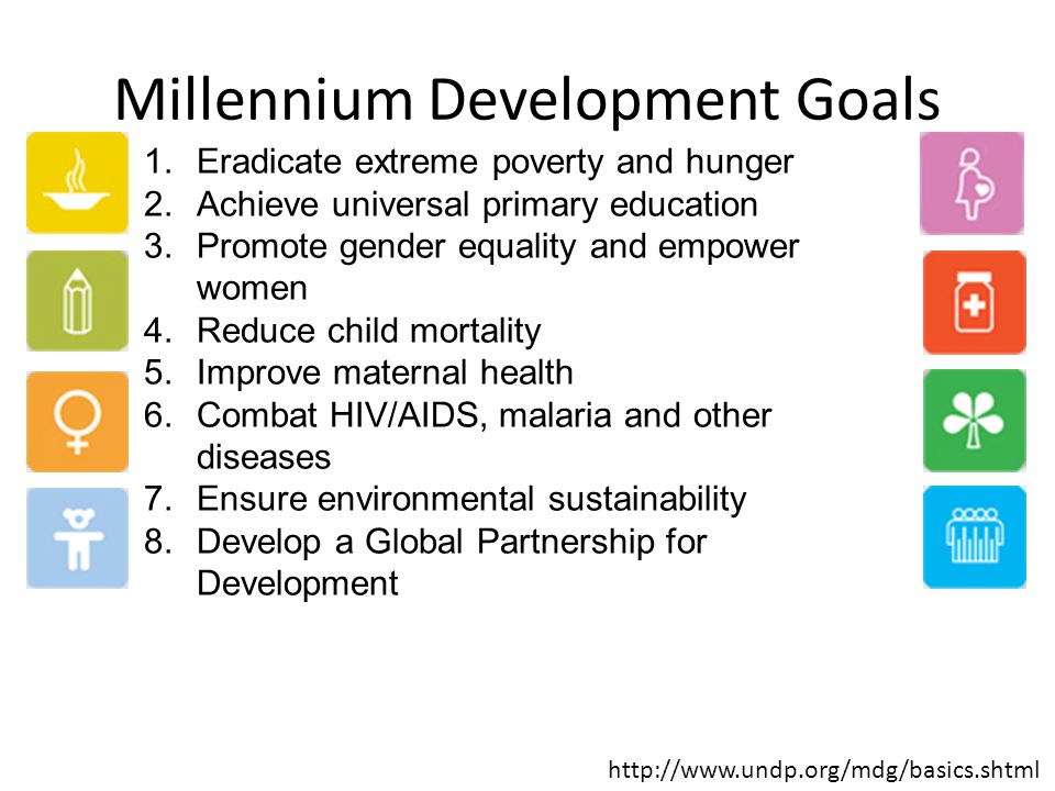 Millennium Development Goals 1.Eradicate extreme poverty and hunger 2.Achieve universal primary education 3.Promote gender equality and empower women 4.Reduce child mortality 5.Improve maternal health 6.Combat HIV/AIDS, malaria and other diseases 7.Ensure environmental sustainability 8.Develop a Global Partnership for Development