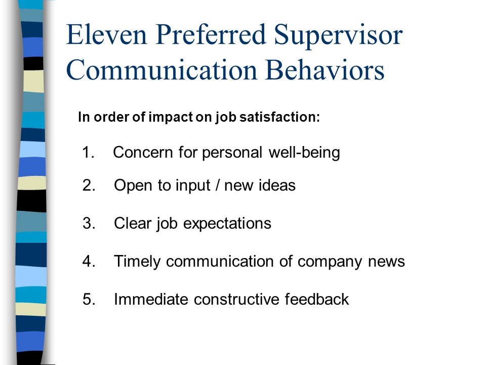 Eleven Preferred Supervisor Communication Behaviors In order of impact on job satisfaction: 1.