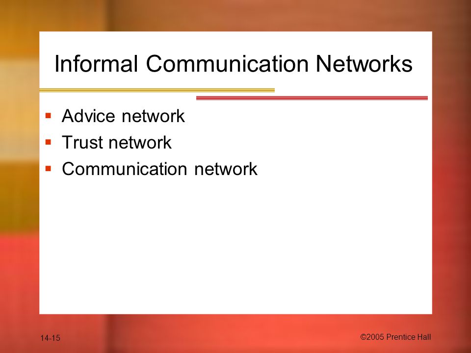 14-15 ©2005 Prentice Hall Informal Communication Networks  Advice network  Trust network  Communication network