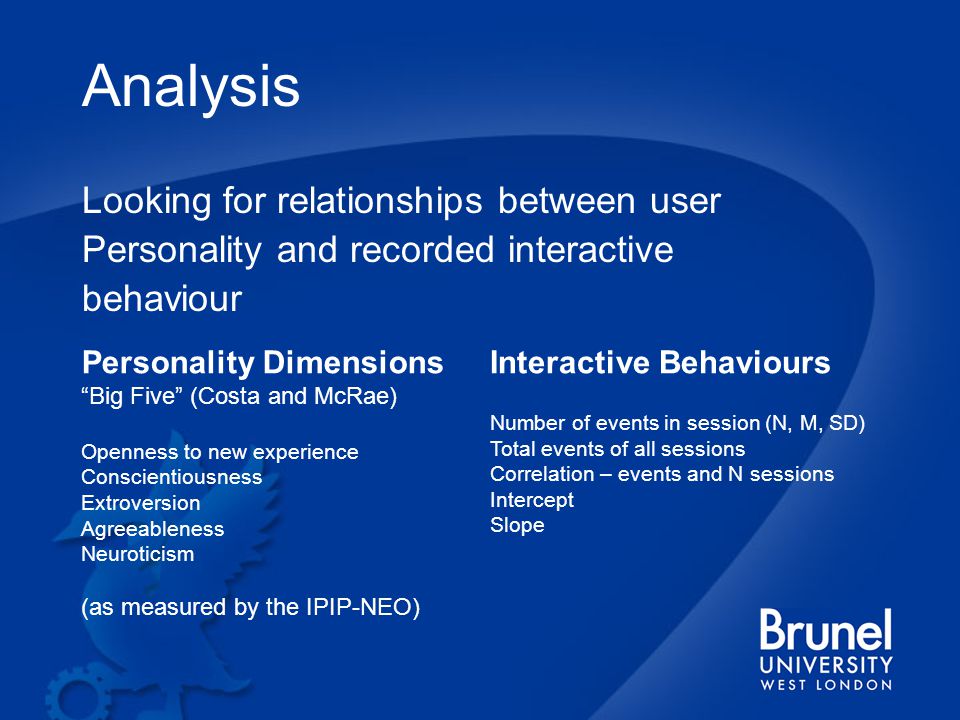 Analysis Looking for relationships between user Personality and recorded interactive behaviour Personality Dimensions Big Five (Costa and McRae) Openness to new experience Conscientiousness Extroversion Agreeableness Neuroticism (as measured by the IPIP-NEO) Interactive Behaviours Number of events in session (N, M, SD) Total events of all sessions Correlation – events and N sessions Intercept Slope