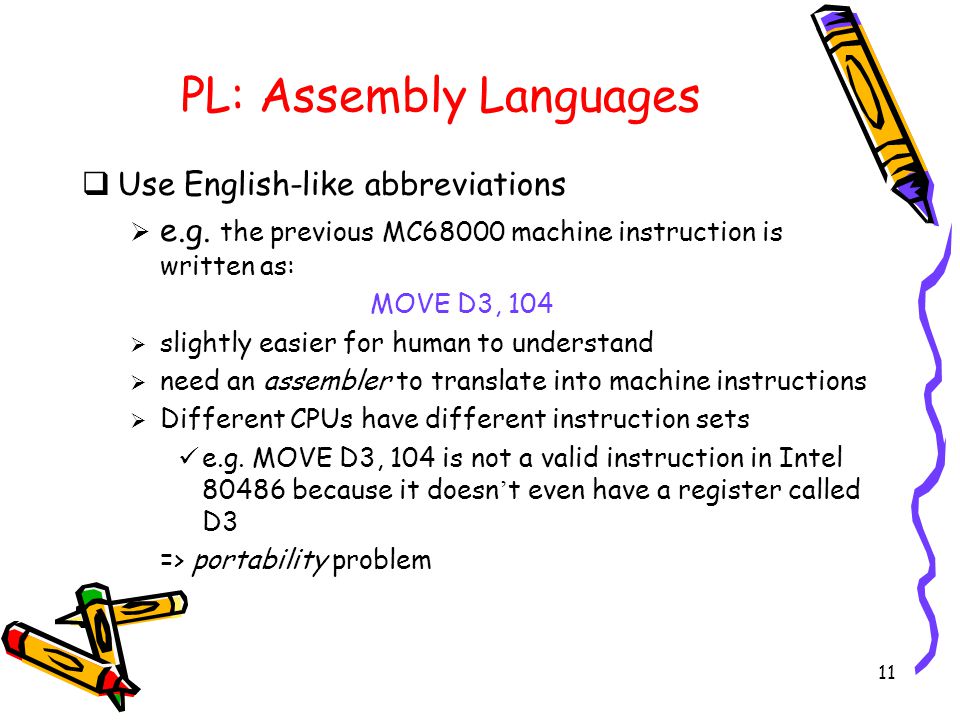 11 PL: Assembly Languages  Use English-like abbreviations  e.g.