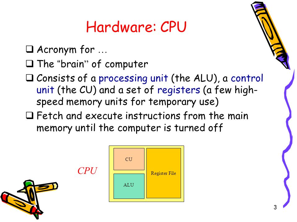 3 Hardware: CPU  Acronym for …  The brain of computer  Consists of a processing unit (the ALU), a control unit (the CU) and a set of registers (a few high- speed memory units for temporary use)  Fetch and execute instructions from the main memory until the computer is turned off ALU CU Register File CPU