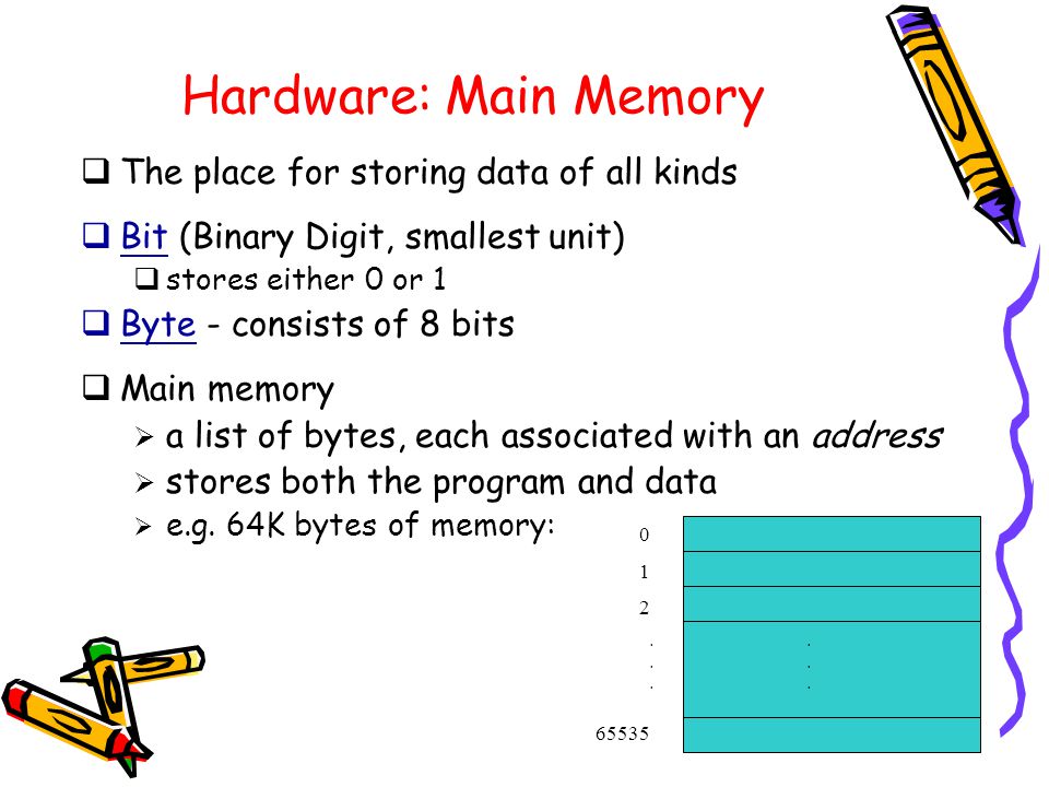 4 Hardware: Main Memory  The place for storing data of all kinds  Bit (Binary Digit, smallest unit)  stores either 0 or 1  Byte - consists of 8 bits  Main memory  a list of bytes, each associated with an address  stores both the program and data  e.g.