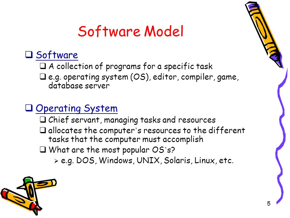 5 Software Model  Software  A collection of programs for a specific task  e.g.