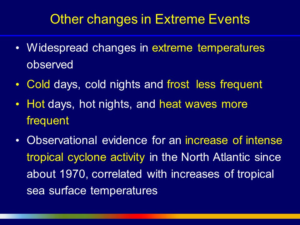 Widespread changes in extreme temperatures observed Cold days, cold nights and frost less frequent Hot days, hot nights, and heat waves more frequent Observational evidence for an increase of intense tropical cyclone activity in the North Atlantic since about 1970, correlated with increases of tropical sea surface temperatures Other changes in Extreme Events