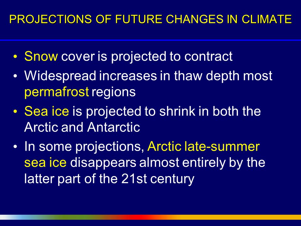 Snow cover is projected to contract Widespread increases in thaw depth most permafrost regions Sea ice is projected to shrink in both the Arctic and Antarctic In some projections, Arctic late-summer sea ice disappears almost entirely by the latter part of the 21st century PROJECTIONS OF FUTURE IN CLIMATE PROJECTIONS OF FUTURE CHANGES IN CLIMATE