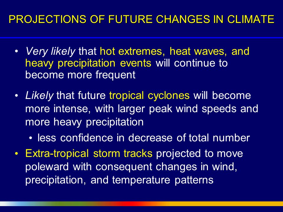 Very likely that hot extremes, heat waves, and heavy precipitation events will continue to become more frequent Likely that future tropical cyclones will become more intense, with larger peak wind speeds and more heavy precipitation less confidence in decrease of total number Extra-tropical storm tracks projected to move poleward with consequent changes in wind, precipitation, and temperature patterns PROJECTIONS OF FUTURE CHANGES IN CLIMATE