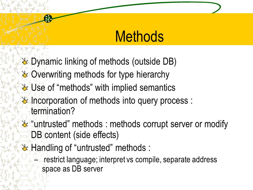 Methods Dynamic linking of methods (outside DB) Overwriting methods for type hierarchy Use of methods with implied semantics Incorporation of methods into query process : termination.