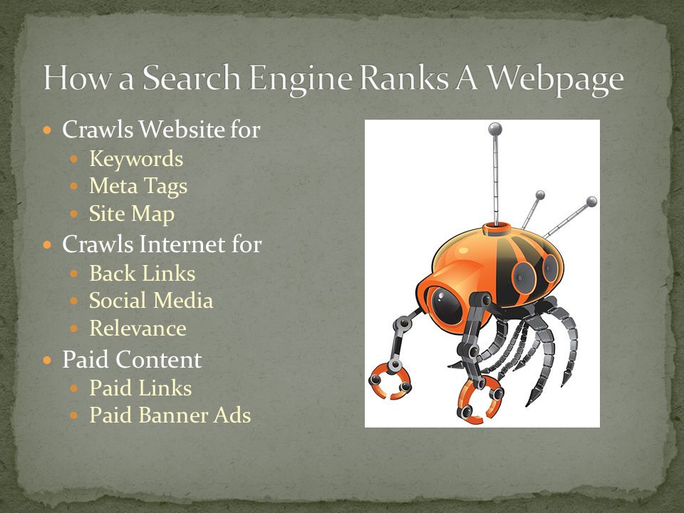 Crawls Website for Keywords Meta Tags Site Map Crawls Internet for Back Links Social Media Relevance Paid Content Paid Links Paid Banner Ads