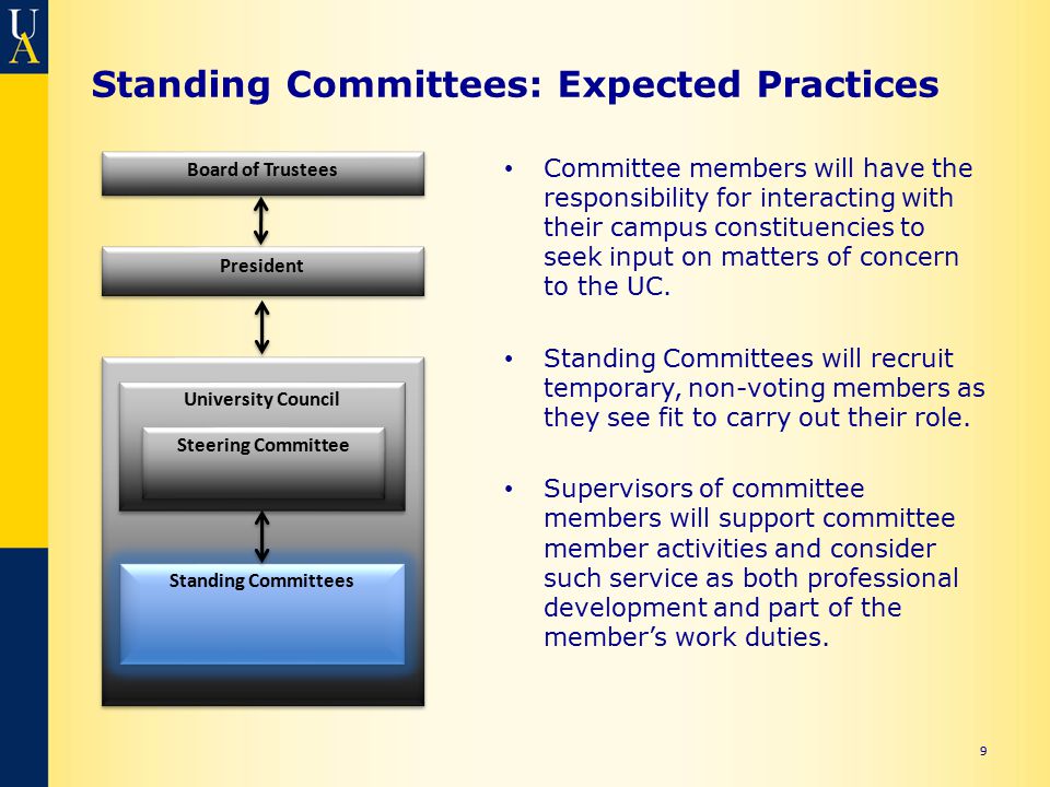 Standing Committees: Expected Practices Committee members will have the responsibility for interacting with their campus constituencies to seek input on matters of concern to the UC.