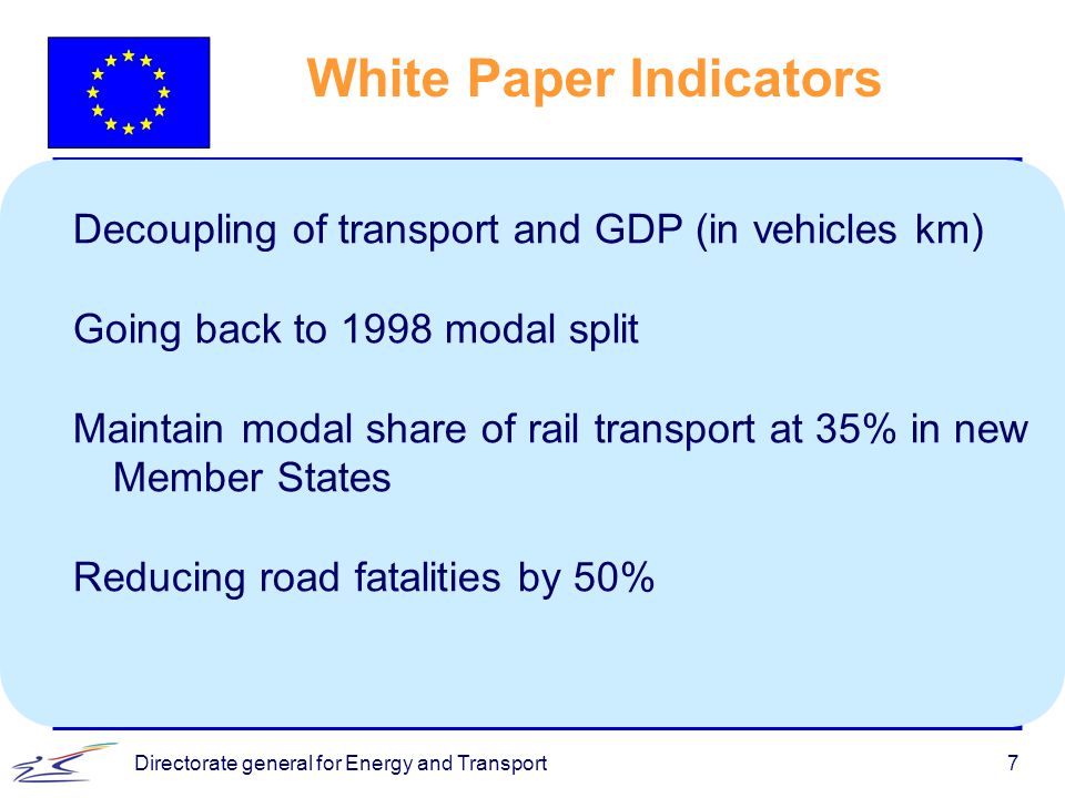 Directorate general for Energy and Transport7 White Paper Indicators Decoupling of transport and GDP (in vehicles km) Going back to 1998 modal split Maintain modal share of rail transport at 35% in new Member States Reducing road fatalities by 50%