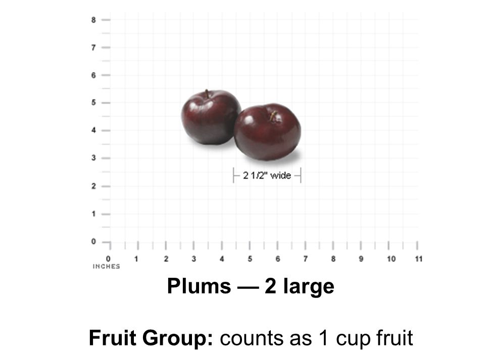 Plums — 2 large Fruit Group: counts as 1 cup fruit