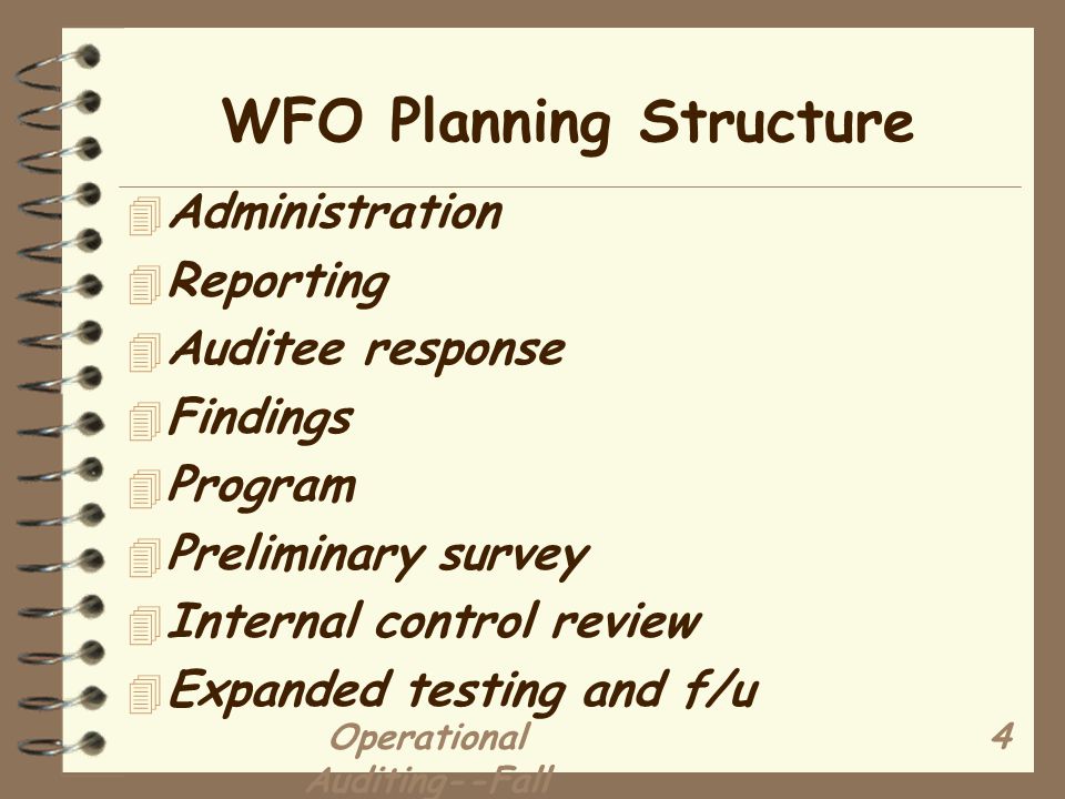 Operational Auditing--Fall WFO Planning Structure 4 Administration 4 Reporting 4 Auditee response 4 Findings 4 Program 4 Preliminary survey 4 Internal control review 4 Expanded testing and f/u