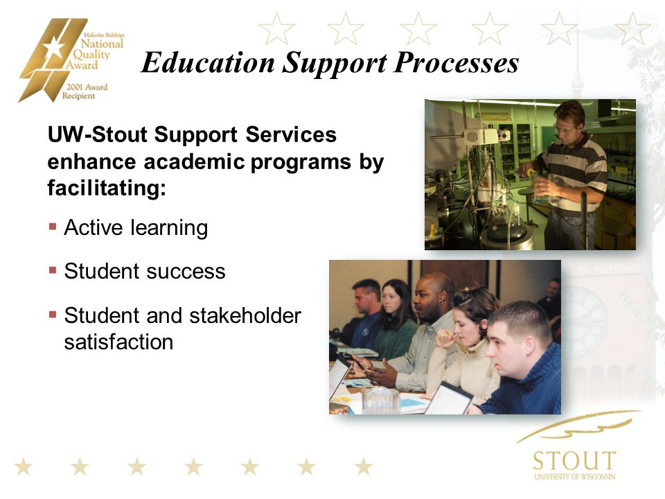 Education Support Processes UW-Stout Support Services enhance academic programs by facilitating:  Active learning  Student success  Student and stakeholder satisfaction