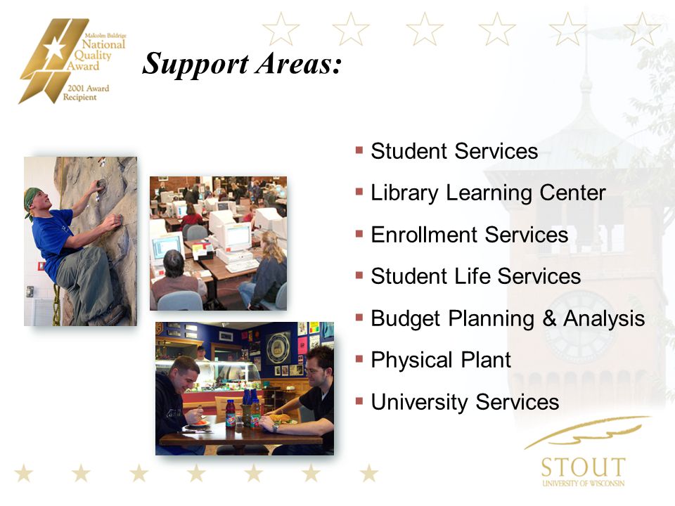 Support Areas:  Student Services  Library Learning Center  Enrollment Services  Student Life Services  Budget Planning & Analysis  Physical Plant  University Services