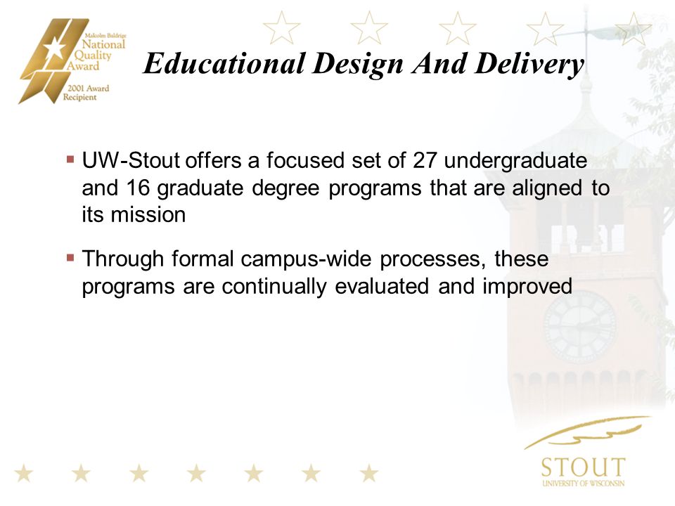 Educational Design And Delivery  UW-Stout offers a focused set of 27 undergraduate and 16 graduate degree programs that are aligned to its mission  Through formal campus-wide processes, these programs are continually evaluated and improved