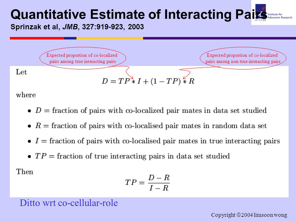 Copyright  2004 limsoon wong Quantitative Estimate of Interacting Pairs Sprinzak et al, JMB, 327: , 2003 Ditto wrt co-cellular-role Expected proportion of co-localized pairs among non true interacting pairs Expected proportion of co-localized pairs among true interacting pairs