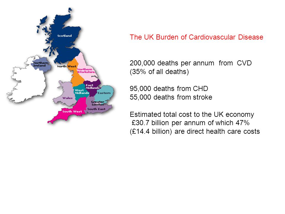 The UK Burden of Cardiovascular Disease 200,000 deaths per annum from CVD (35% of all deaths) 95,000 deaths from CHD 55,000 deaths from stroke Estimated total cost to the UK economy £30.7 billion per annum of which 47% (£14.4 billion) are direct health care costs