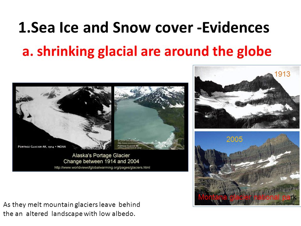 1.Sea Ice and Snow cover -Evidences As they melt mountain glaciers leave behind the an altered landscape with low albedo.