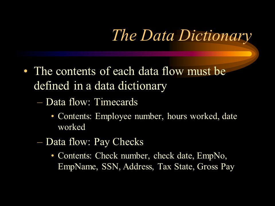 The Data Dictionary The contents of each data flow must be defined in a data dictionary –Data flow: Timecards Contents: Employee number, hours worked, date worked –Data flow: Pay Checks Contents: Check number, check date, EmpNo, EmpName, SSN, Address, Tax State, Gross Pay