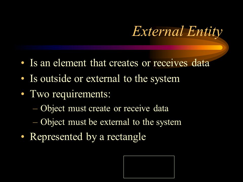 External Entity Is an element that creates or receives data Is outside or external to the system Two requirements: –Object must create or receive data –Object must be external to the system Represented by a rectangle