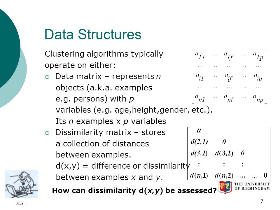 Slide 7 7 Data Structures Clustering algorithms typically operate on either:  Data matrix – represents n objects (a.k.a.