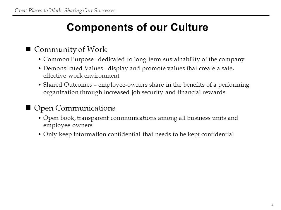 5 Components of our Culture Community of Work Common Purpose –dedicated to long-term sustainability of the company Demonstrated Values –display and promote values that create a safe, effective work environment Shared Outcomes – employee-owners share in the benefits of a performing organization through increased job security and financial rewards Open Communications Open book, transparent communications among all business units and employee-owners Only keep information confidential that needs to be kept confidential Great Places to Work: Sharing Our Successes
