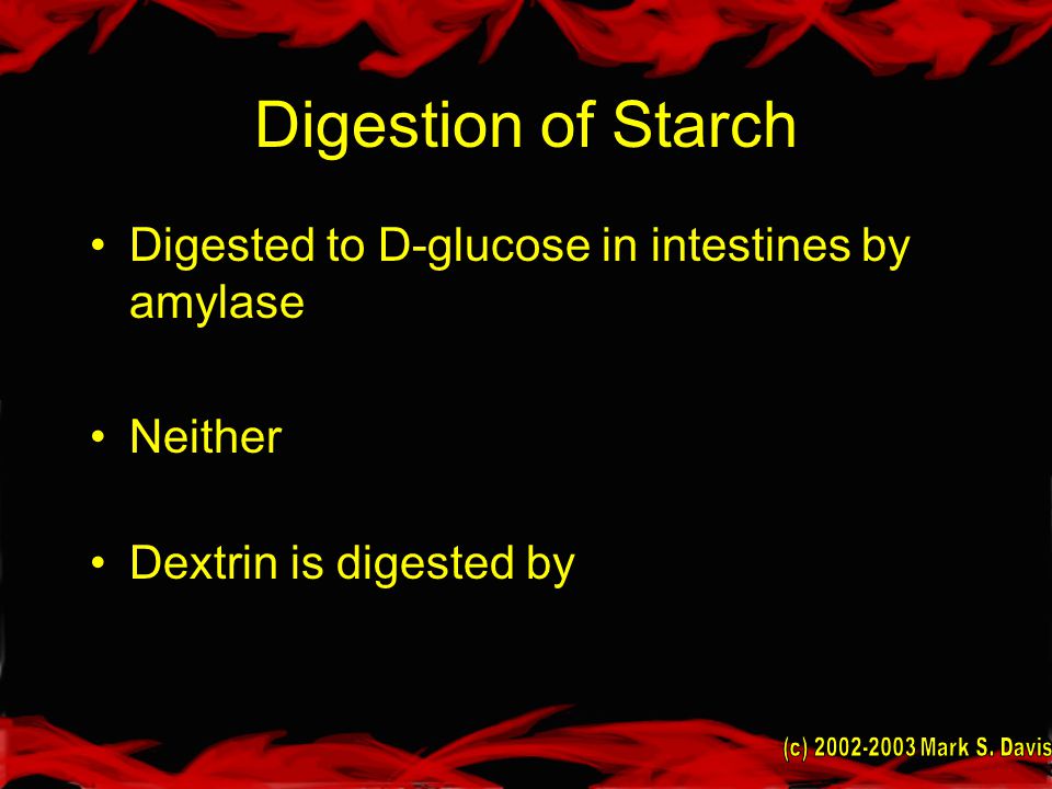 Digestion of Starch Digested to D-glucose in intestines by amylase Neither Dextrin is digested by