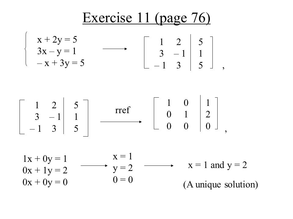 Exercise 11 (page 76) x + 2y = 5 3x – y = 1 – x + 3y = – 1 1 – rref – 1 1 – ,, 1x + 0y = 1 0x + 1y = 2 0x + 0y = 0 x = 1 y = 2 0 = 0 x = 1 and y = 2 (A unique solution)