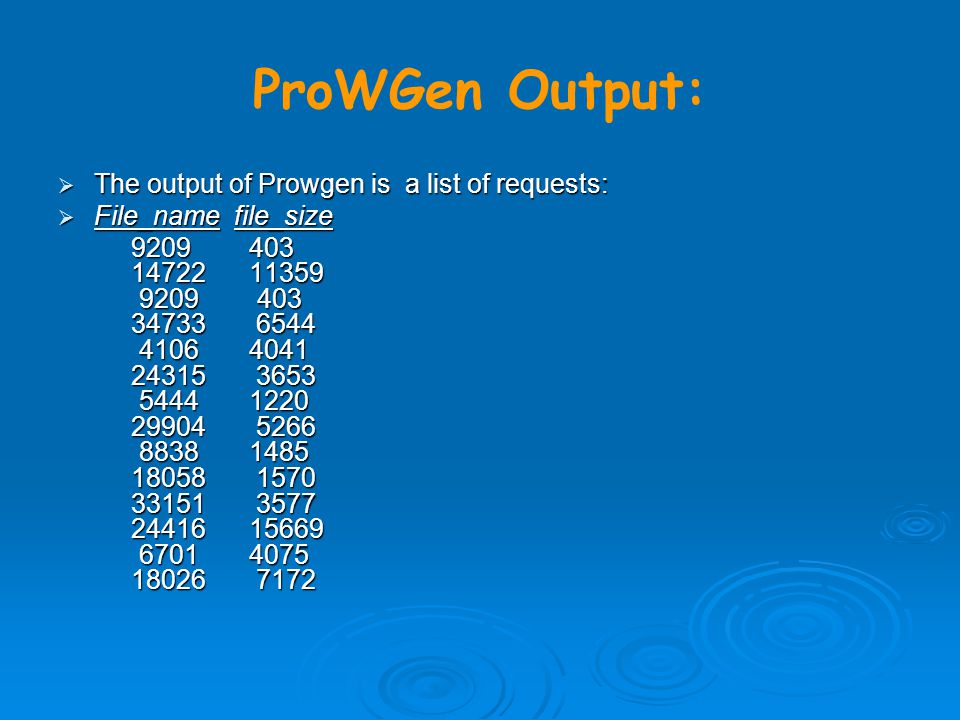 ProWGen Output:  The output of Prowgen is a list of requests:  File_name file_size