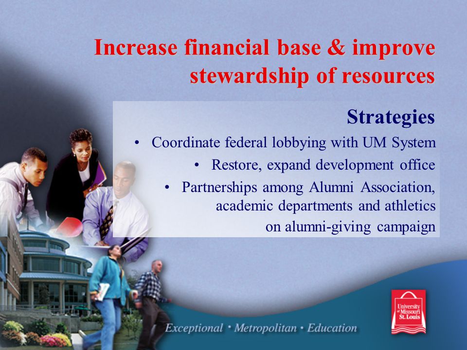Increase financial base & improve stewardship of resources Strategies Coordinate federal lobbying with UM System Restore, expand development office Partnerships among Alumni Association, academic departments and athletics on alumni-giving campaign