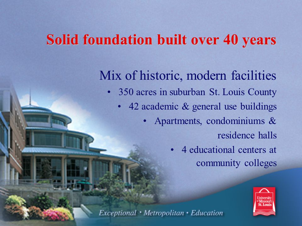 Solid foundation built over 40 years Mix of historic, modern facilities 350 acres in suburban St.