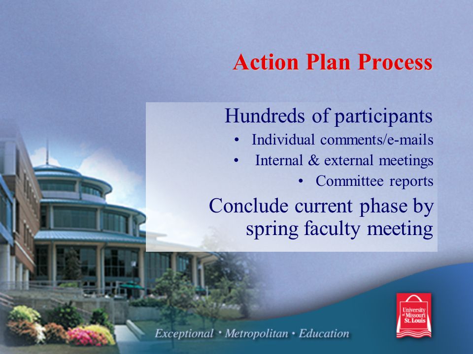 Action Plan Process Action Plan Process Hundreds of participants Individual comments/ s Internal & external meetings Committee reports Conclude current phase by spring faculty meeting