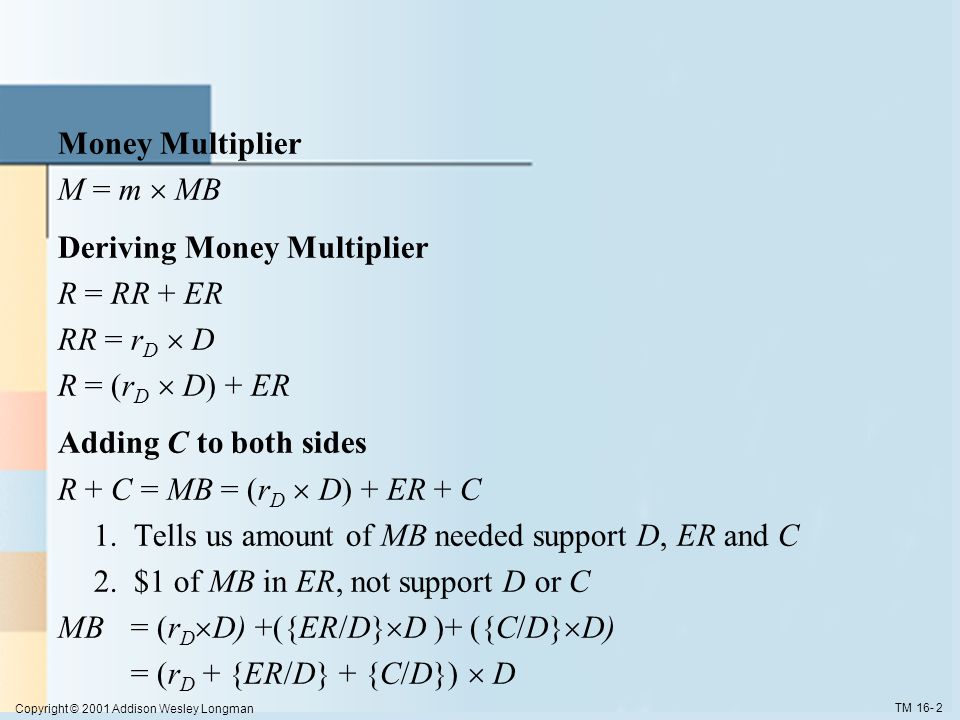 Copyright © 2001 Addison Wesley Longman TM Money Multiplier M = m  MB Deriving Money Multiplier R = RR + ER RR = r D  D R = (r D  D) + ER Adding C to both sides R + C = MB = (r D  D) + ER + C 1.