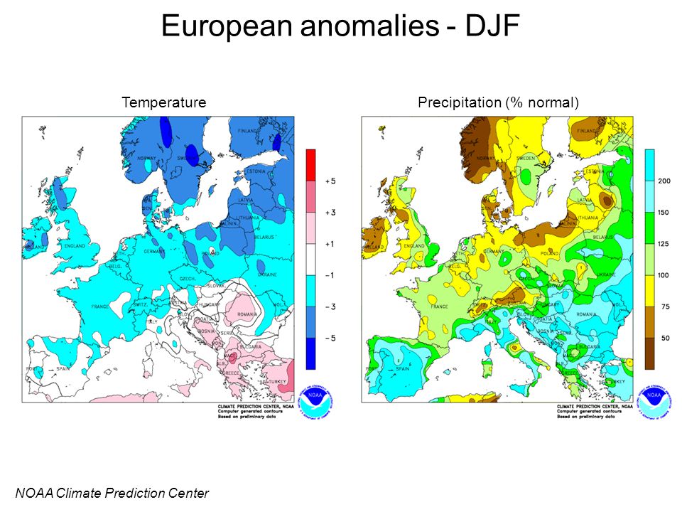 European anomalies - DJF NOAA Climate Prediction Center TemperaturePrecipitation (% normal)