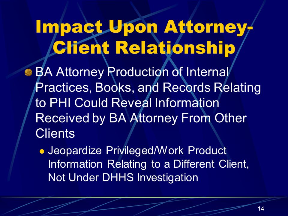 14 Impact Upon Attorney- Client Relationship BA Attorney Production of Internal Practices, Books, and Records Relating to PHI Could Reveal Information Received by BA Attorney From Other Clients Jeopardize Privileged/Work Product Information Relating to a Different Client, Not Under DHHS Investigation