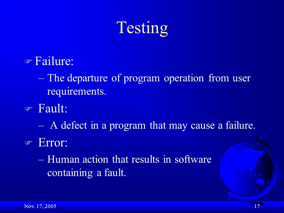 Nov. 17, Testing F Failure: –The departure of program operation from user requirements.