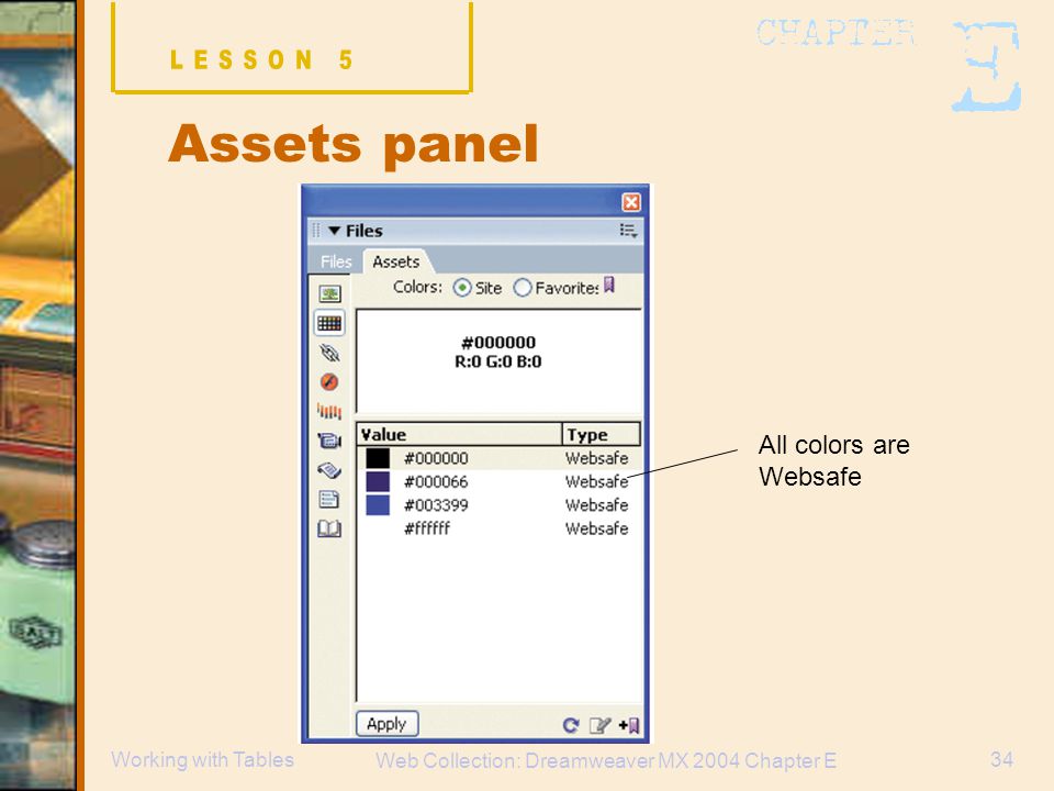 Web Collection: Dreamweaver MX 2004 Chapter E 34Working with Tables Assets panel All colors are Websafe