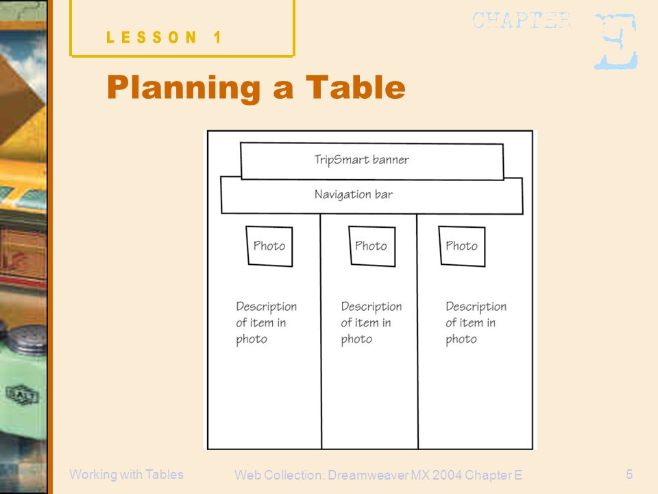 Web Collection: Dreamweaver MX 2004 Chapter E 5Working with Tables Planning a Table