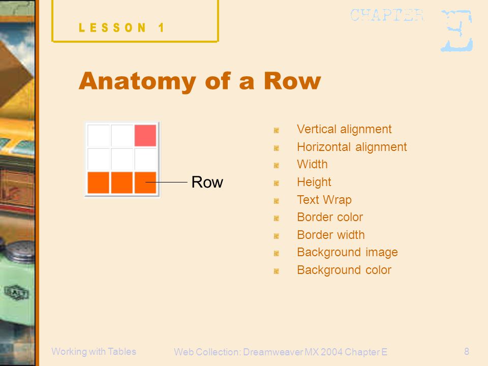 Web Collection: Dreamweaver MX 2004 Chapter E 8Working with Tables Anatomy of a Row Row Vertical alignment Horizontal alignment Width Height Text Wrap Border color Border width Background image Background color