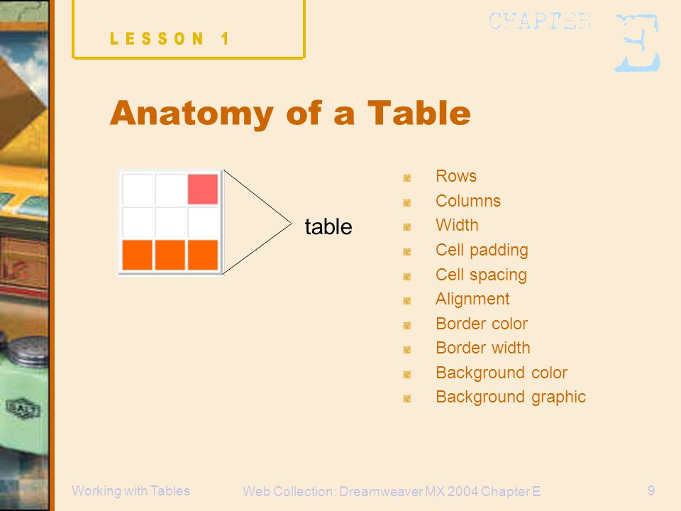 Web Collection: Dreamweaver MX 2004 Chapter E 9Working with Tables Anatomy of a Table Rows Columns Width Cell padding Cell spacing Alignment Border color Border width Background color Background graphic table