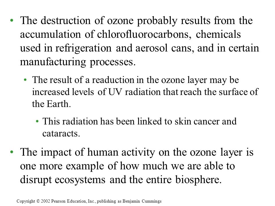 The destruction of ozone probably results from the accumulation of chlorofluorocarbons, chemicals used in refrigeration and aerosol cans, and in certain manufacturing processes.