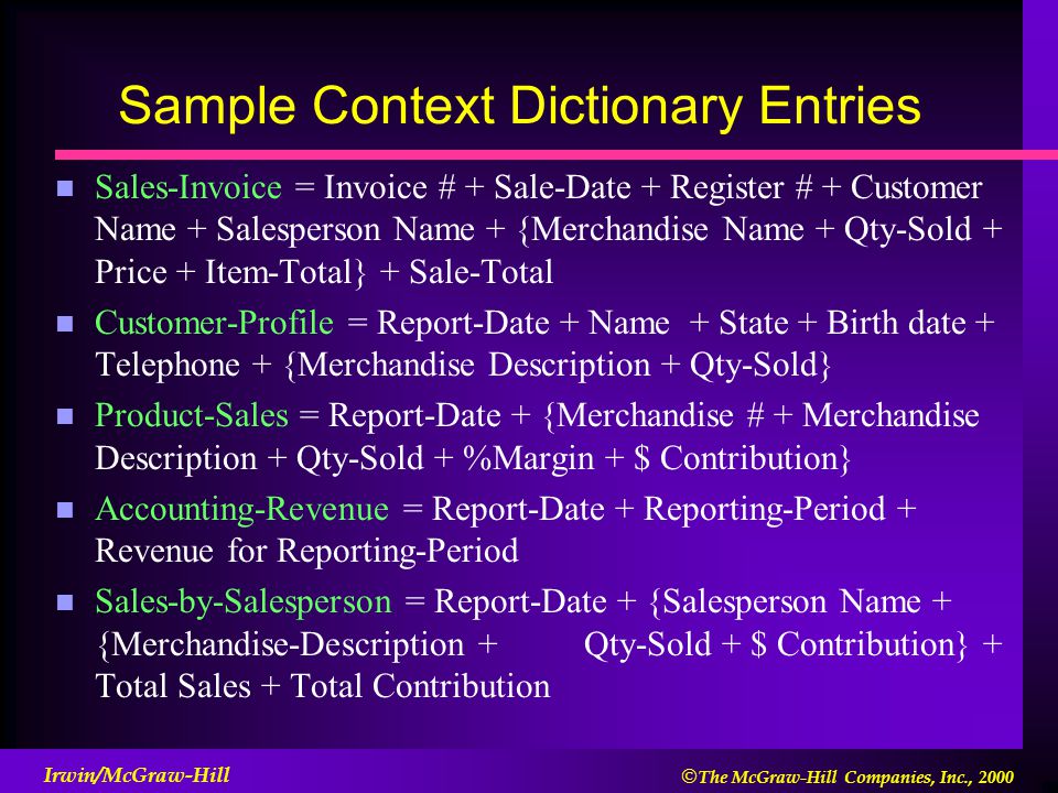  The McGraw-Hill Companies, Inc., 2000 Irwin/McGraw-Hill Sample Context Dictionary Entries n Sales-Invoice = Invoice # + Sale-Date + Register # + Customer Name + Salesperson Name + {Merchandise Name + Qty-Sold + Price + Item-Total} + Sale-Total n Customer-Profile = Report-Date + Name + State + Birth date + Telephone + {Merchandise Description + Qty-Sold} n Product-Sales = Report-Date + {Merchandise # + Merchandise Description + Qty-Sold + %Margin + $ Contribution} n Accounting-Revenue = Report-Date + Reporting-Period + Revenue for Reporting-Period n Sales-by-Salesperson = Report-Date + {Salesperson Name + {Merchandise-Description + Qty-Sold + $ Contribution} + Total Sales + Total Contribution