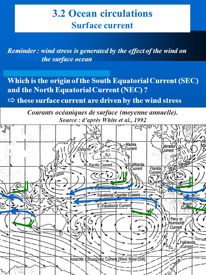 3.2 Ocean circulations Surface current Reminder : wind stress is generated by the effect of the wind on the surface ocean Which is the origin of the South Equatorial Current (SEC) and the North Equatorial Current (NEC) .